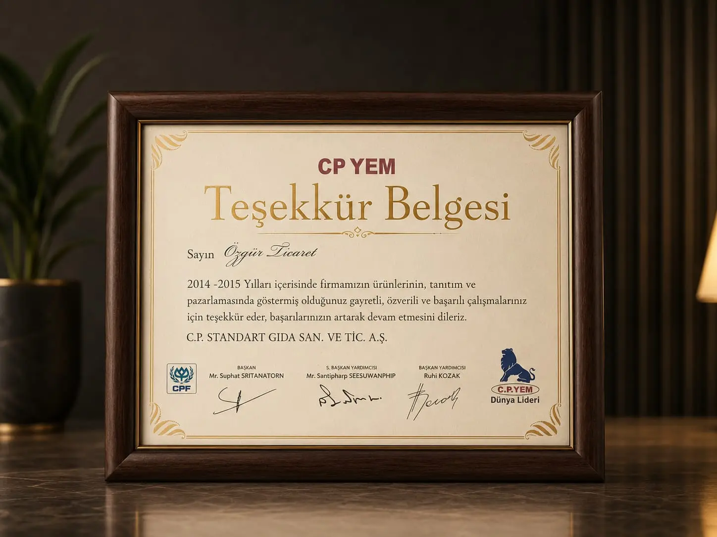 CP Yem Teşekkür Belgesi